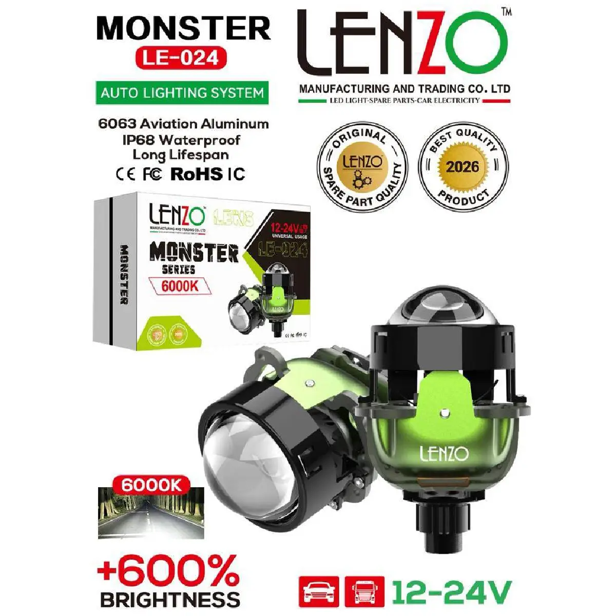 لنز چراغ خودرو ۲.۵ اینچ تک رنگ لنزو مدل MONSTER LE-024 نور سفید 6000K همراه کاور