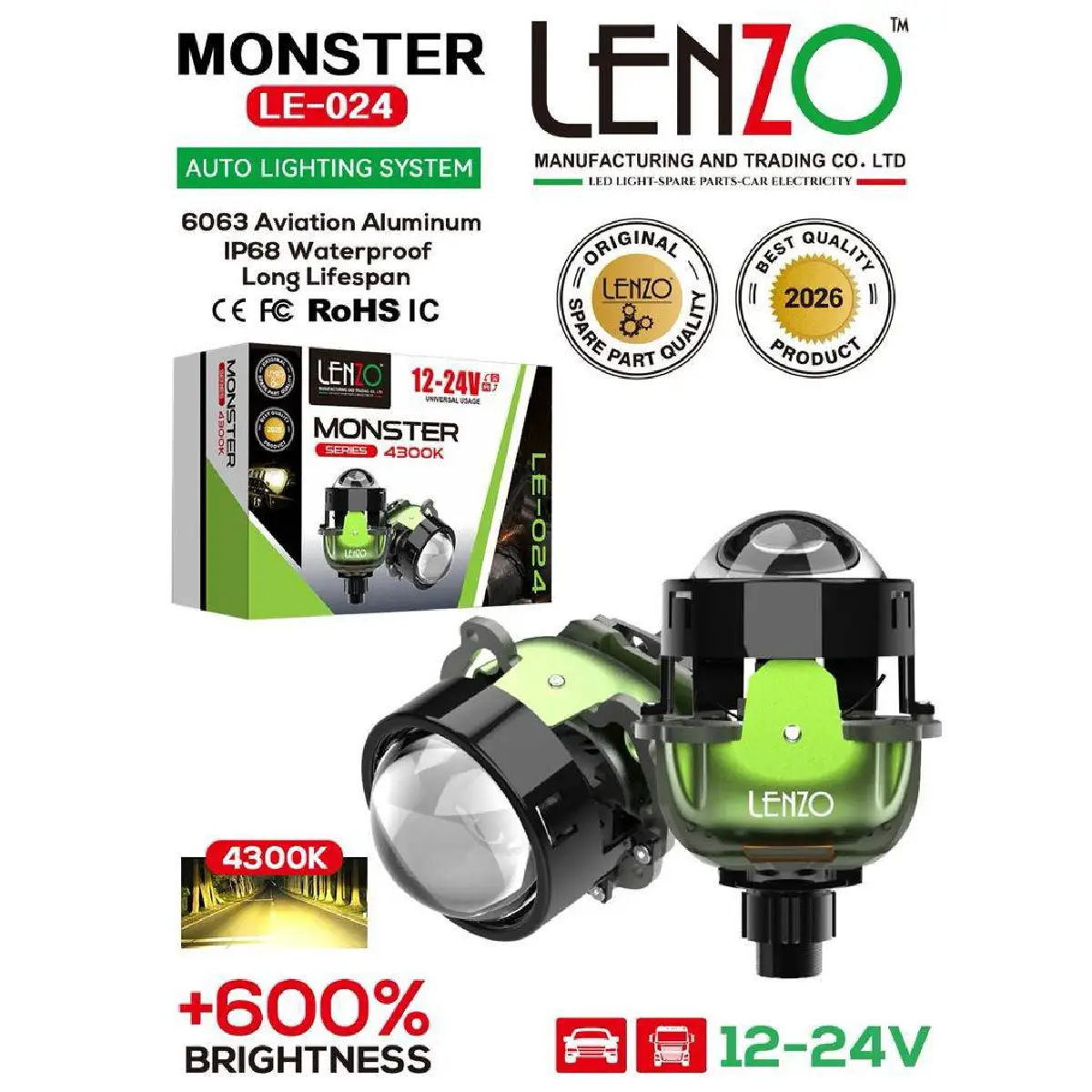لنز چراغ خودرو ۲.۵ اینچ تک رنگ لنزو مدل MONSTER LE-024 همراه کاور نور 4300K