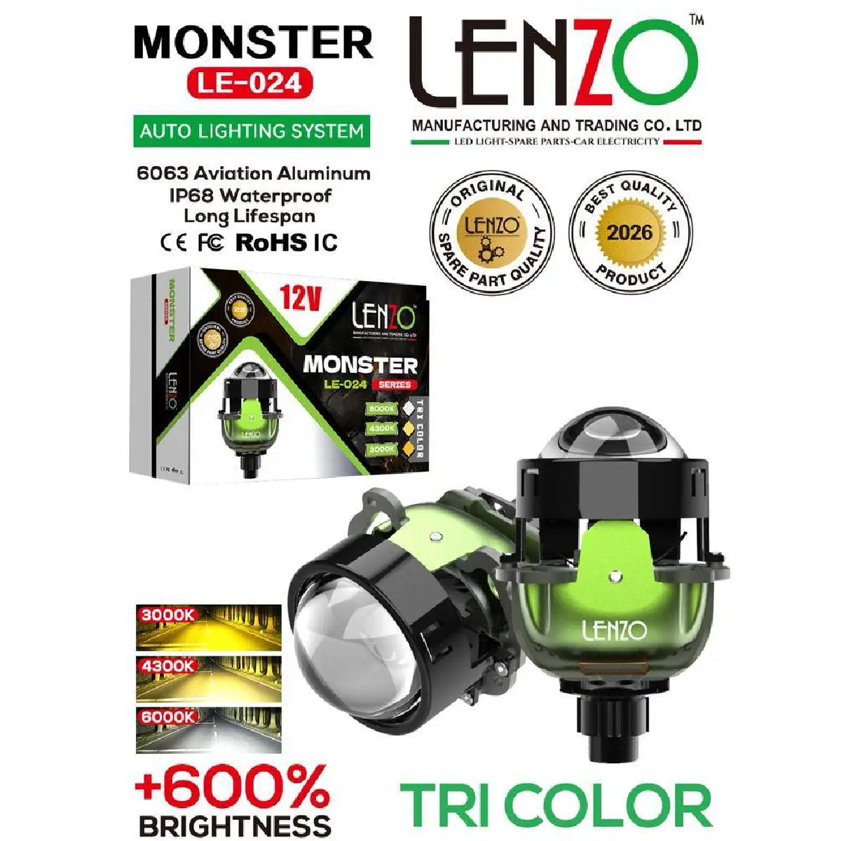لنز چراغ خودرو ۲.۵ اینچ سه رنگ لنزو مدل MONSTER LE-024 همراه با کاور