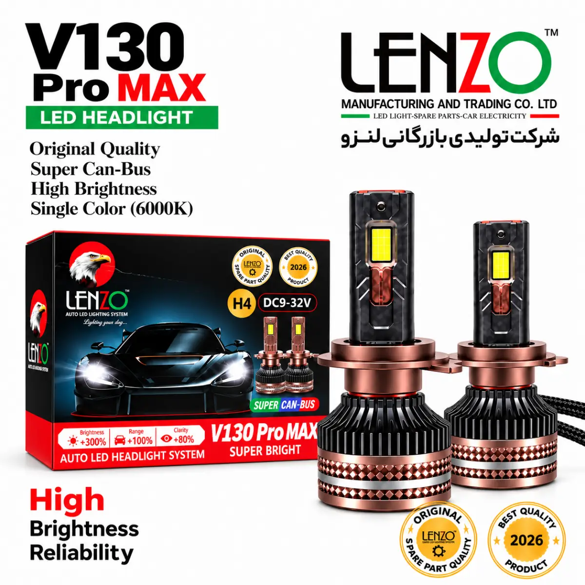 هدلایت لنزو V130 Pro MAX تک رنگ 6000 کلوین پایه H1، H4 و H7